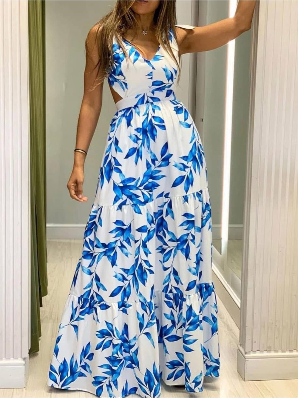 Luxxel White Maxi Dress with Blue Leaf Print